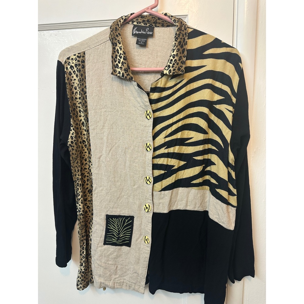 Alexandria Pierce Women Mixed Animal Print Button Down Shirt Zebra Leopard M‎